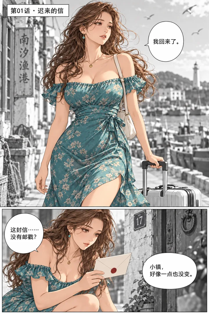 潮汐以南第01话第1页：海边小镇晨光、女主提行李走过蓝色渔港、在旧家门口拾到信封