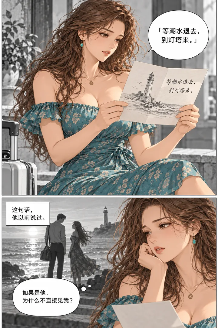 潮汐以南第01话第2页：女主打开信、特写纸上手绘灯塔、回忆成年男女在海边告别的剪影
