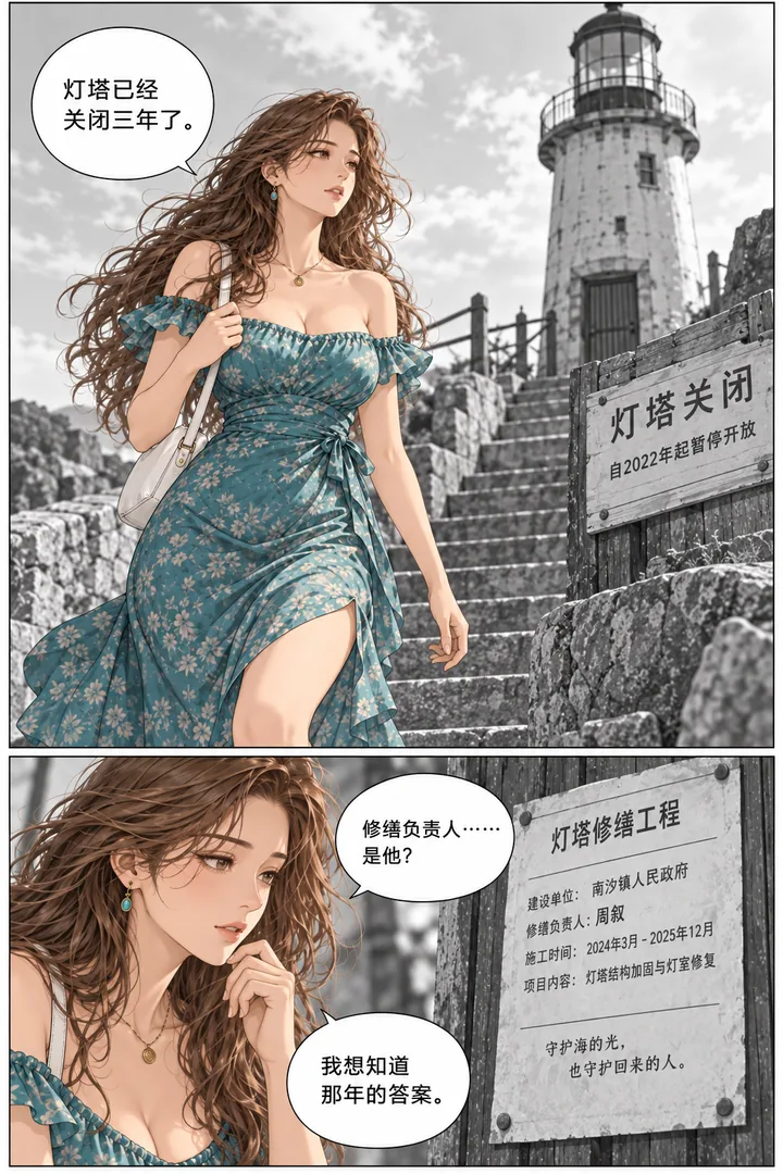 潮汐以南第01话第3页：沿海石阶前进、女主看见关闭的灯塔、新的修缮告示挂着熟悉名字