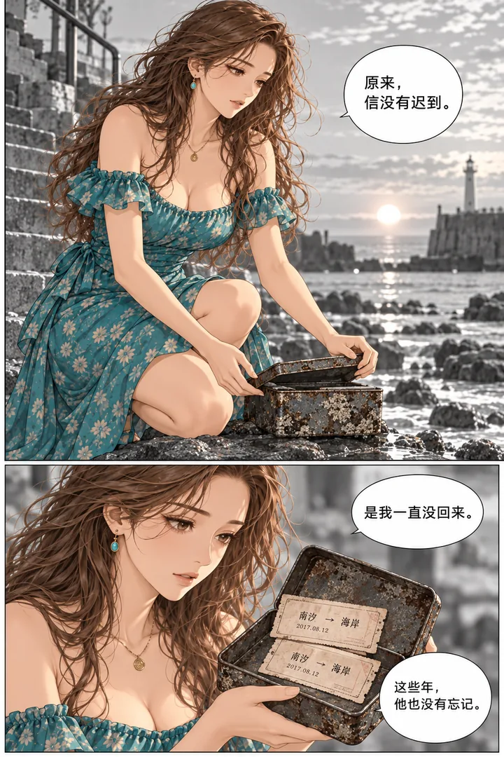 潮汐以南第01话第4页：傍晚潮水退去、石阶下出现旧铁盒、女主打开看见两枚车票