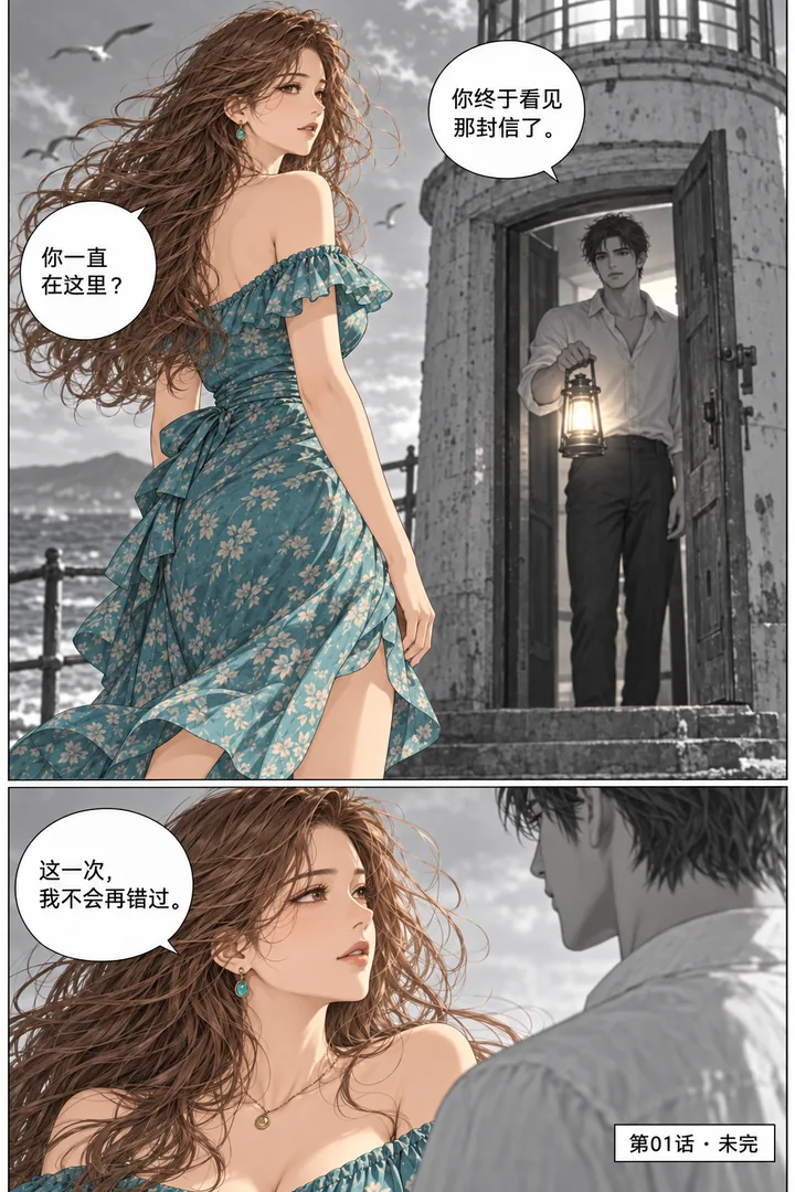 潮汐以南第01话第5页：灯塔门打开、成年男子提灯出现、女主转身两人隔着海风相望