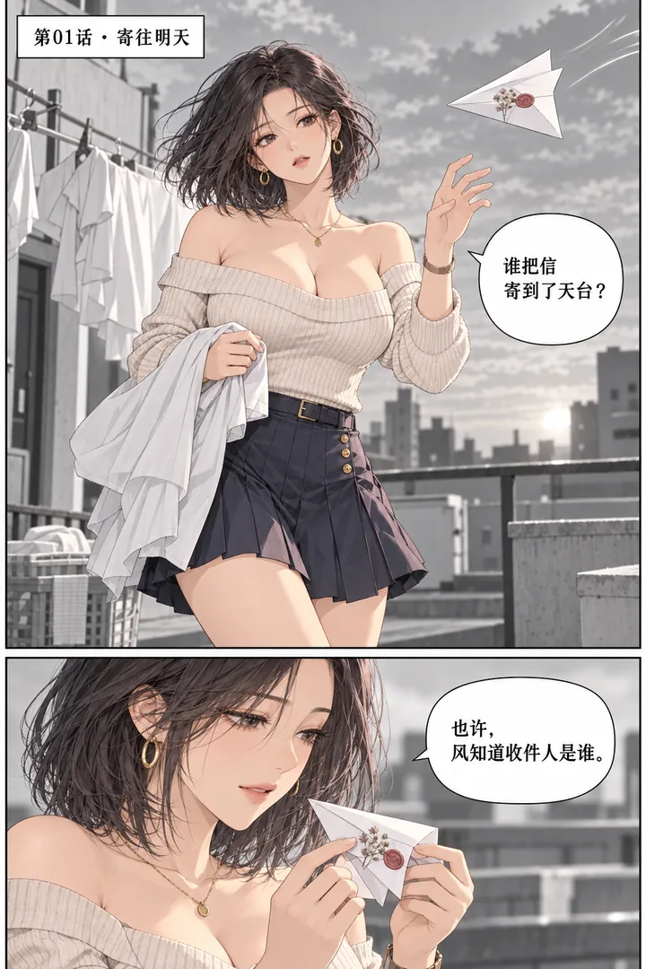 云端来信第01话第1页：城市傍晚天台、女主晾晒衣物、风吹来折好的纸飞机