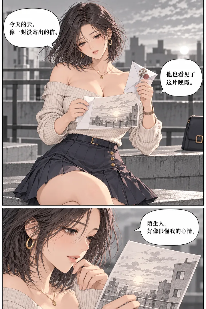 云端来信第01话第2页：女主展开纸飞机、手绘隔壁楼窗户、信封内是一张天台夕阳速写