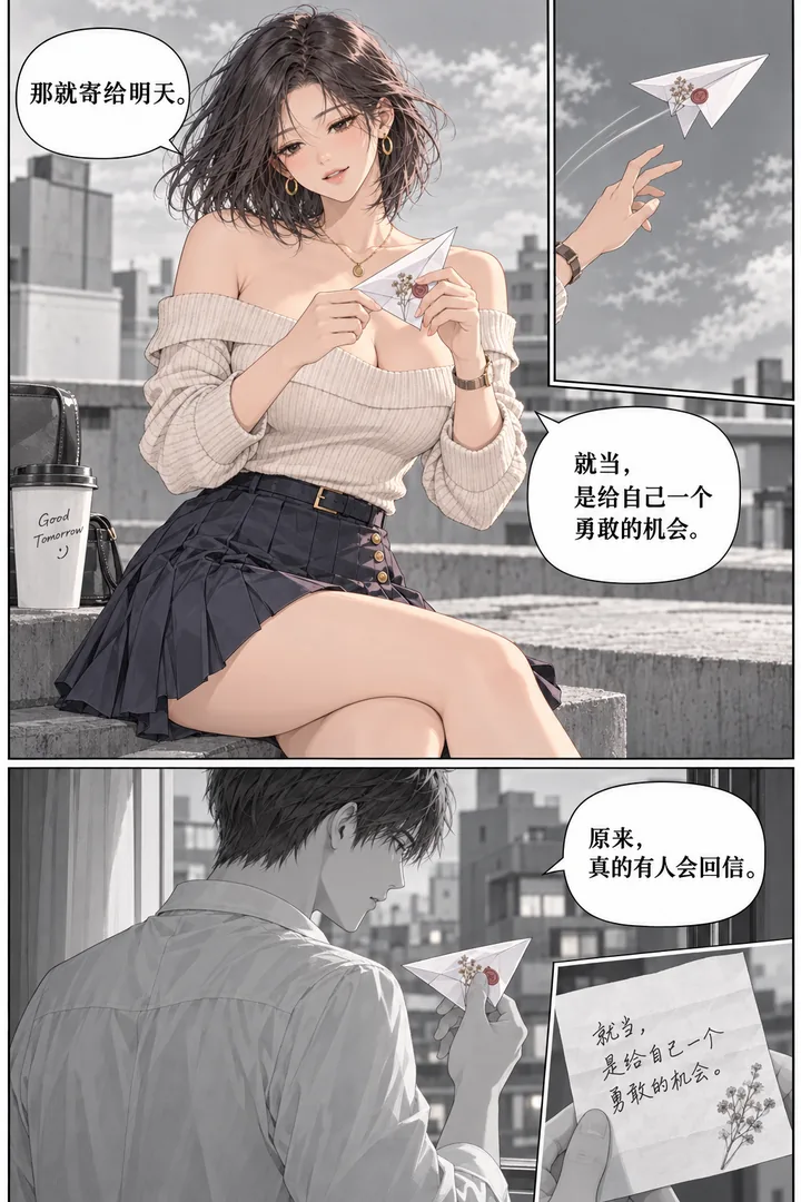 云端来信第01话第3页：女主写回复折纸飞机、纸飞机落到隔楼、成年男主在窗边拾起
