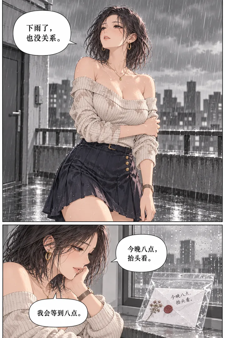 云端来信第01话第4页：次日暴雨、天台湿透女主失望、窗边出现防水袋装的信