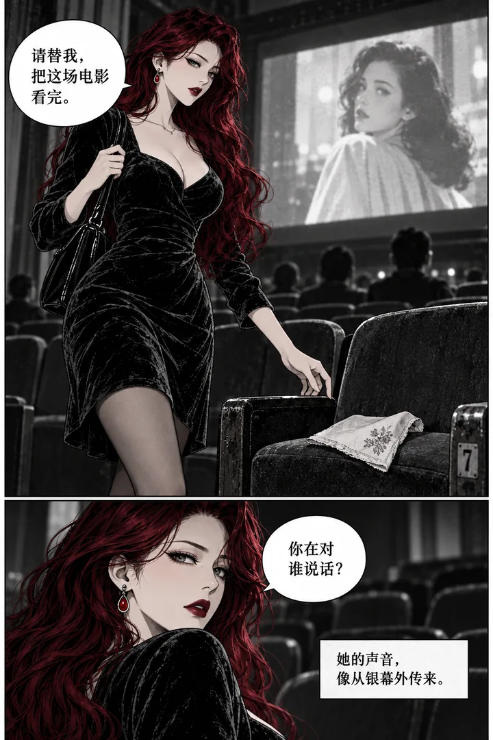 深夜放映室第01话第3页：女主走到指定座位、空椅上旧手帕、屏幕中的成年女性回头