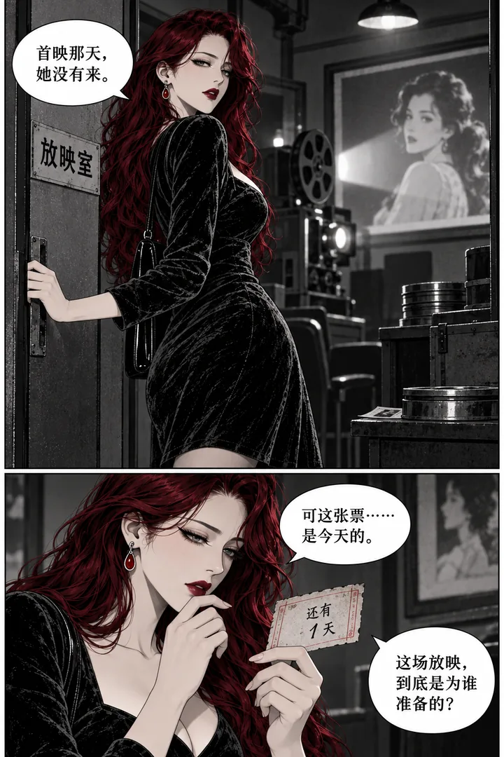 深夜放映室第01话第4页：女主追至放映室、墙上合影显示银幕女性、票背手写倒计时
