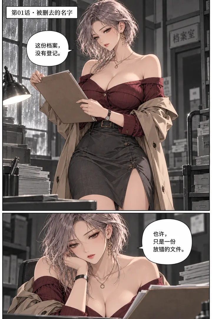 灰塔档案第01话第1页：灰塔档案室阴雨、女主整理文件、打开新送达的无编号卷宗