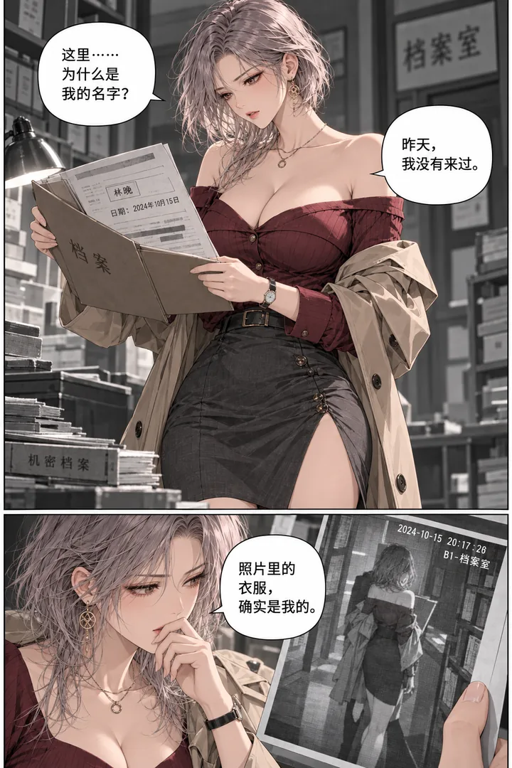 灰塔档案第01话第2页：女主翻档案、特写她名字和昨日日期、她惊讶看监控照片