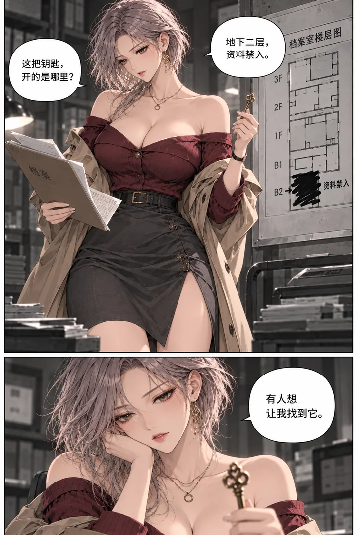 灰塔档案第01话第3页：档案夹里掉出钥匙、女主对照楼层图、被涂黑的地下室入口