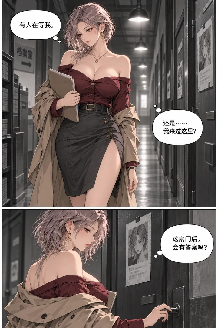灰塔档案第01话第4页：女主下楼穿过长走廊、门上贴同款照片、走廊灯逐个点亮
