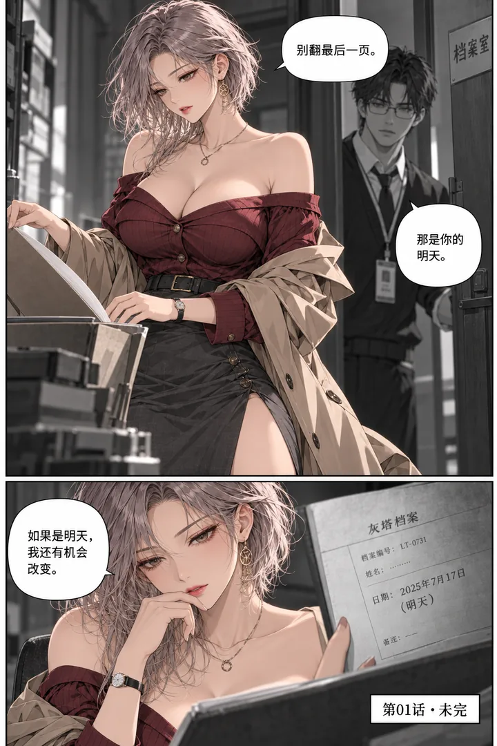 灰塔档案第01话第5页：门内镜面显示另一份档案、身后成年管理员出现、停在档案封面日期明天