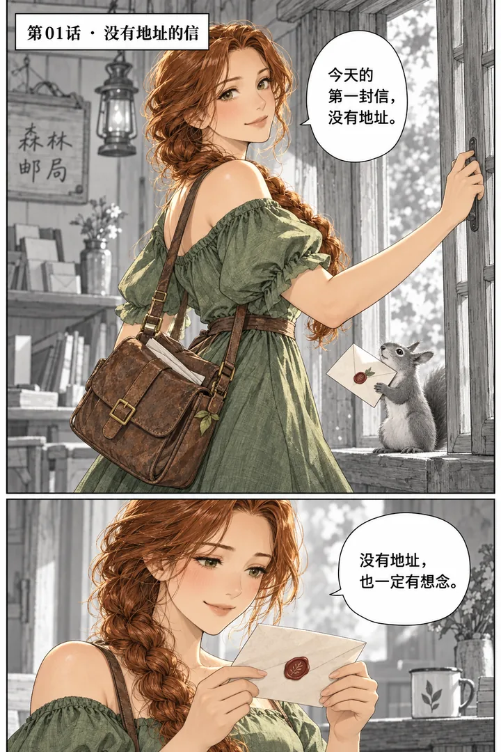 森林邮局第01话第1页：柔和森林邮局晨光、女主打开木屋窗、松鼠送来空白地址信封