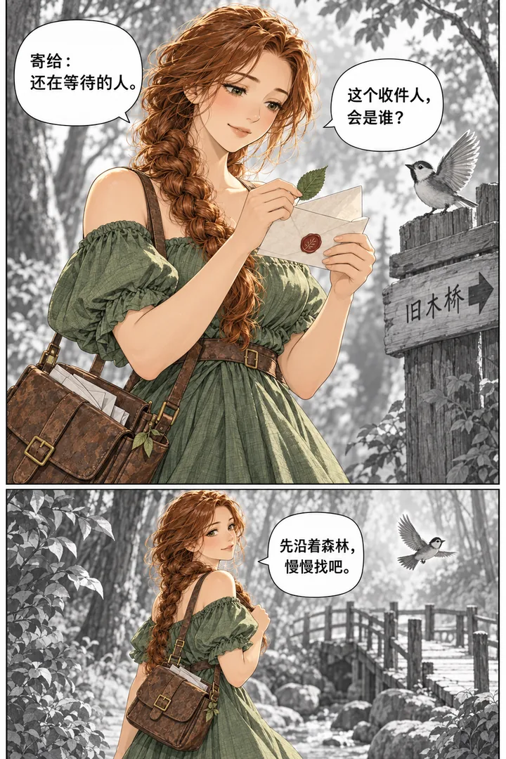 森林邮局第01话第2页：女主翻信封发现叶子、林间小径带邮包走路、鸟指向旧木桥