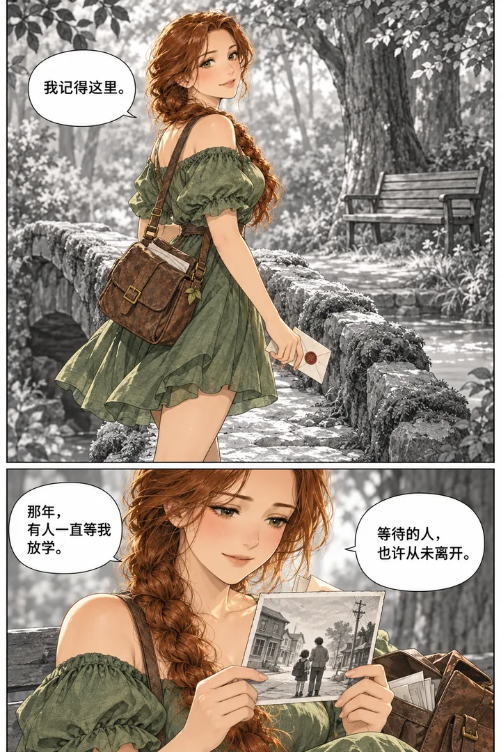森林邮局第01话第3页：女主走过苔藓桥、见树下空长椅、信里夹着多年以前的小镇照片