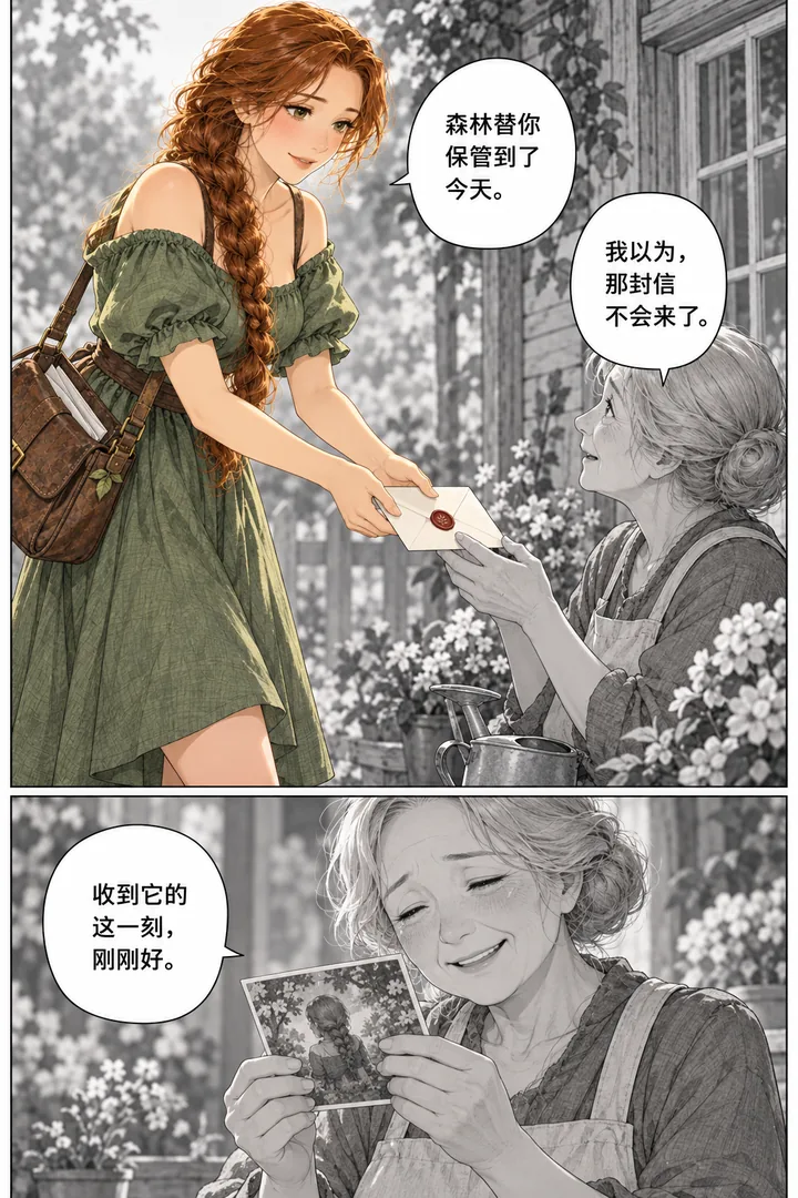 森林邮局第01话第4页：成年老妇人在花园浇水、女主递信、老妇人看到照片微笑