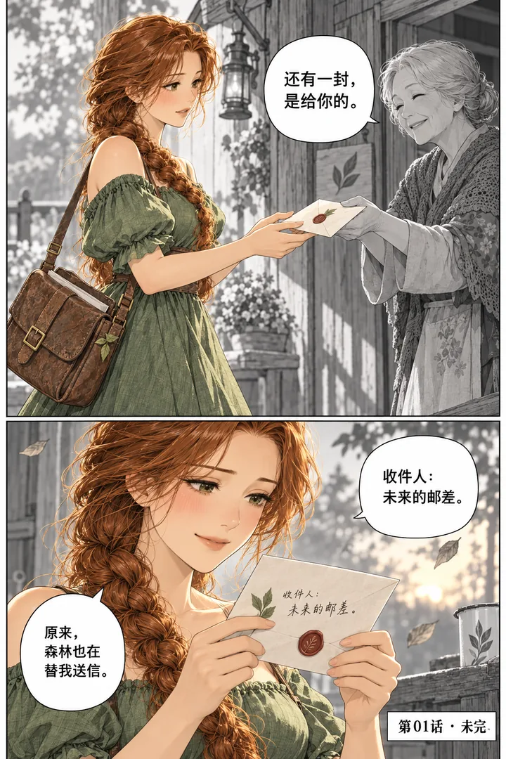 森林邮局第01话第5页：老妇人递出第二封信、女主看见收件人是自己、树叶和晚光安静
