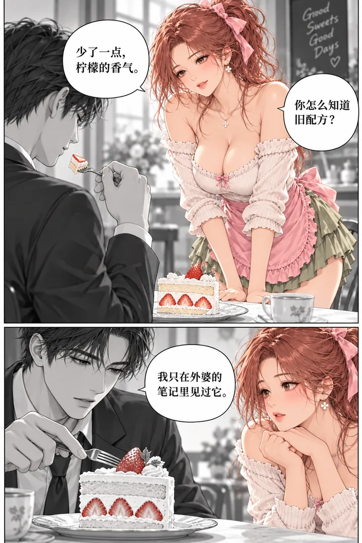 甜度失控第01话第2页：成年男子尝蛋糕、女主期待、他指着草莓夹心认真提意见