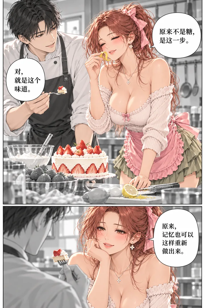 甜度失控第01话第4页：两人并肩在厨房试做、女主闻柠檬皮、男主尝新蛋糕笑