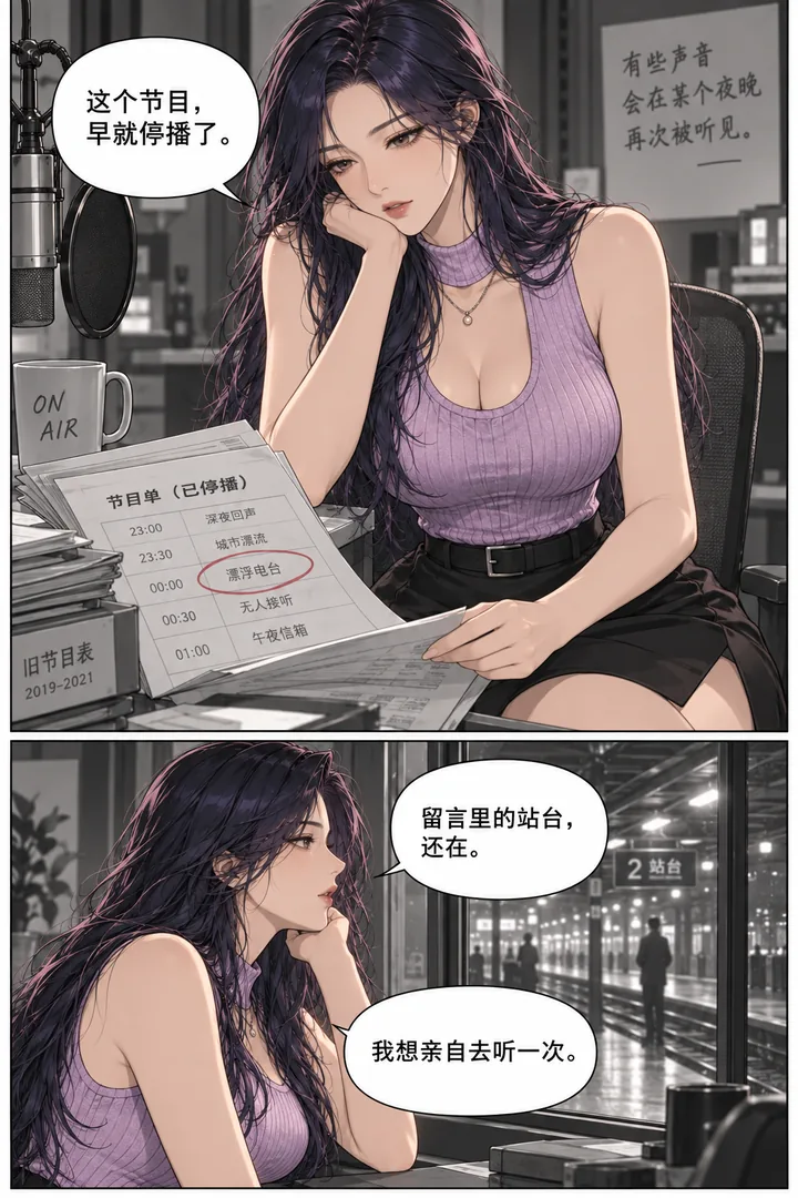 漂浮电台第01话第3页：女主翻台里旧节目表、同曲目被圈出、窗外车站灯闪烁