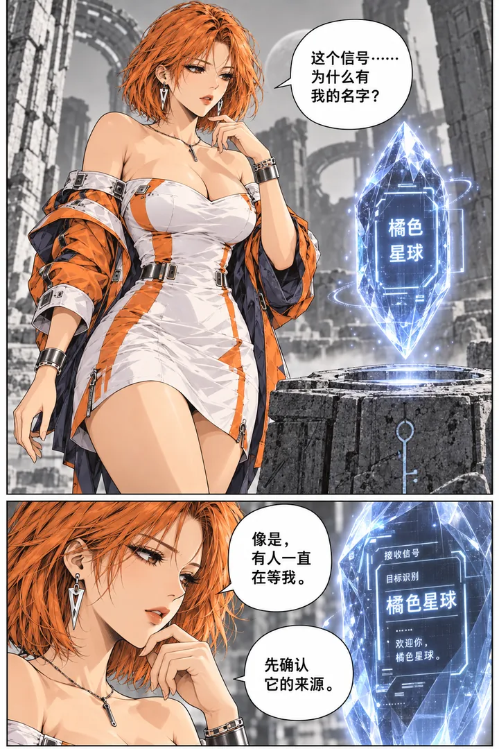 橘色星球第01话第2页：女主到遗迹石台、看到悬浮蓝色晶体、晶体显示她的名字