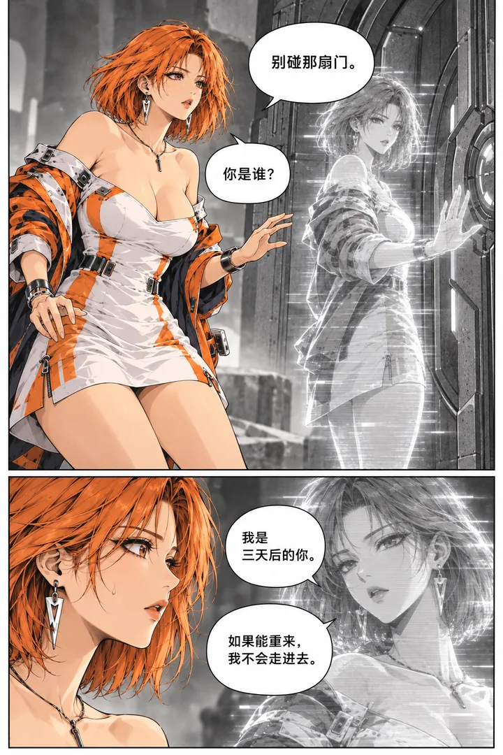 橘色星球第01话第3页：女主见到自己的未来投影、惊讶追问、投影发出警告