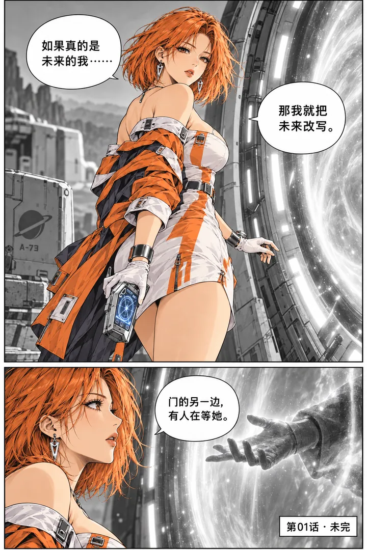 橘色星球第01话第5页：女主握扫描仪决定改变未来、踏向星门、门内出现陌生手掌