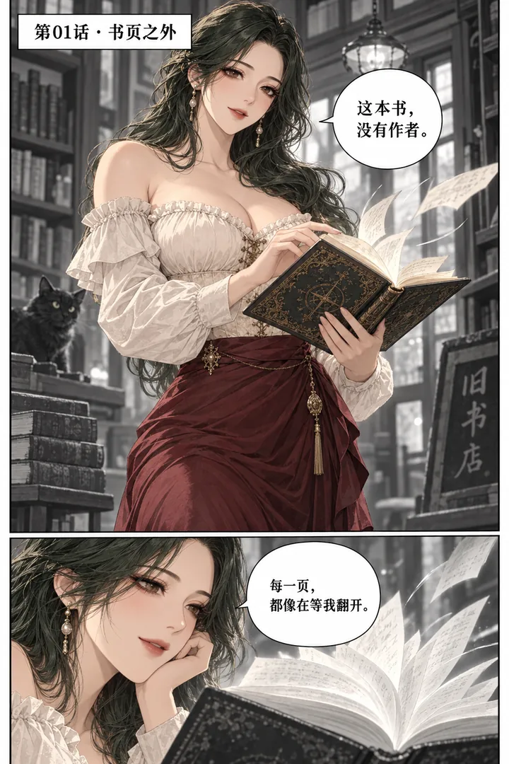 旧书店奇谭第01话第1页：奇幻旧书店傍晚、女主打开旧书、书页自己翻动