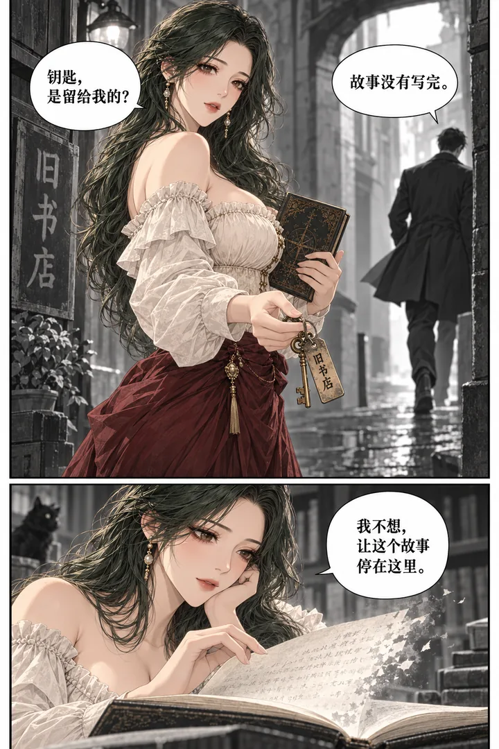 旧书店奇谭第01话第4页：男子消失于拐角、钥匙上刻书店门牌、书页开始褪色
