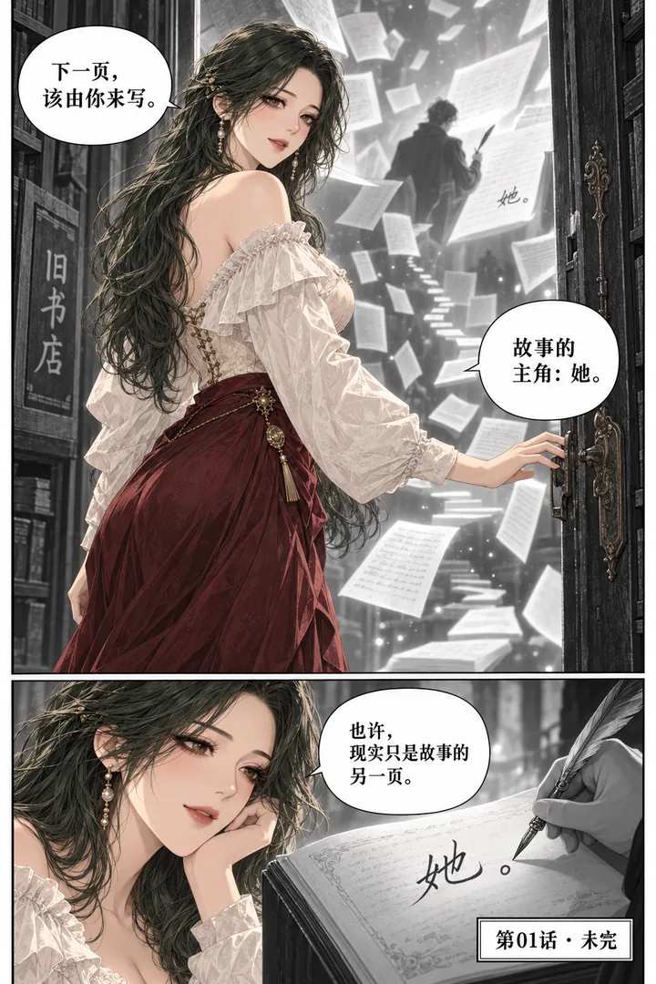 旧书店奇谭第01话第5页：女主打开书店隐藏小门、门后无数悬浮书页、有人写下她名字