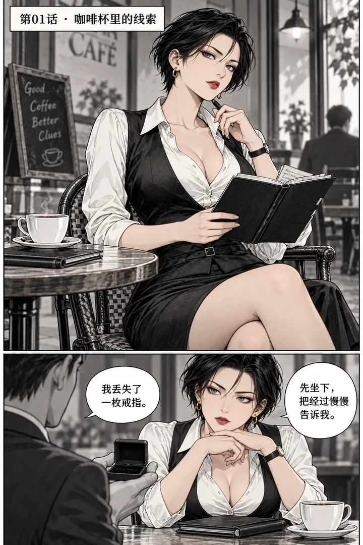 午后侦探第01话第1页：黑白钢笔悬疑漫画咖啡馆午后、成年女侦探翻笔记、成年委托人放戒指盒