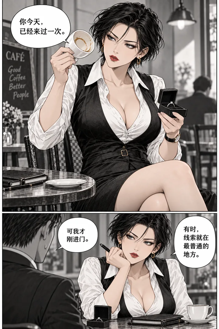 午后侦探第01话第2页：女主察看杯底和戒指盒、注意未干咖啡痕、问时间