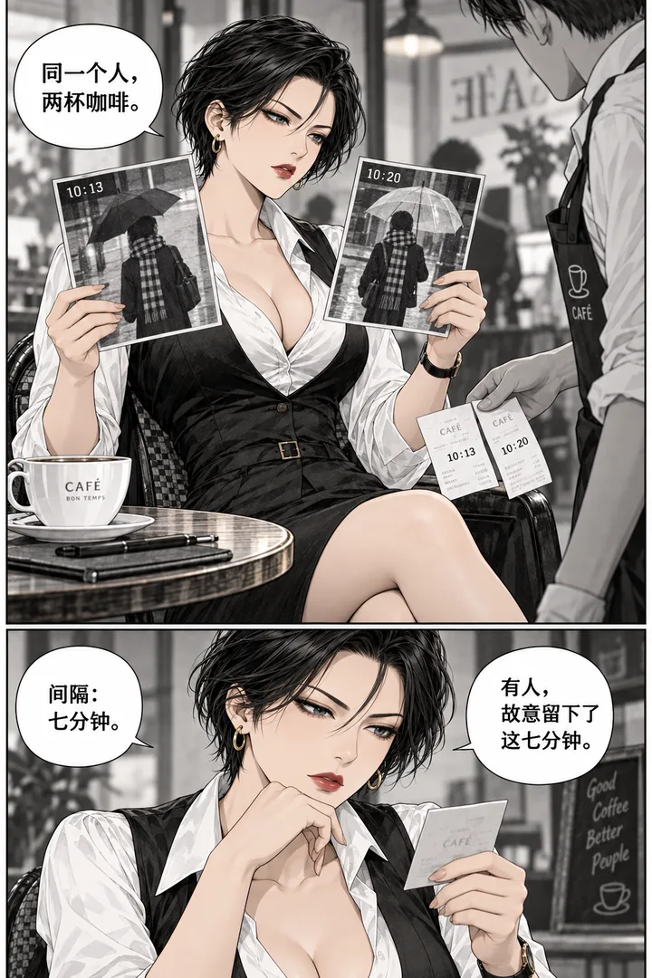 午后侦探第01话第3页：女主对照监控截图、同一围巾但不同伞、咖啡师递两张小票