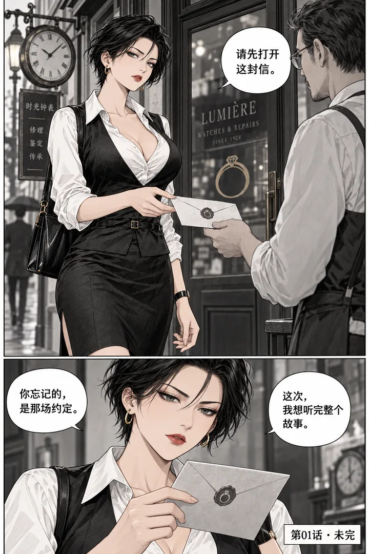 午后侦探第01话第5页：女主走到隔街钟表店、门上熟悉戒指图案、成年店主递一个信封