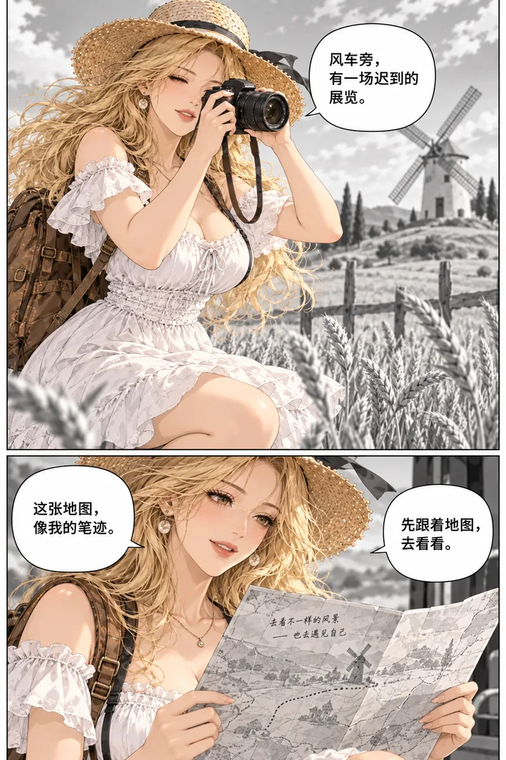 麦田旅人第01话第2页：女主拍麦田、镜头中远处旧风车、拾起一张地图