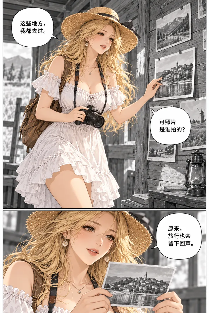 麦田旅人第01话第3页：女主沿田埂前行、见空木屋墙上挂风景照、其中一张她故乡