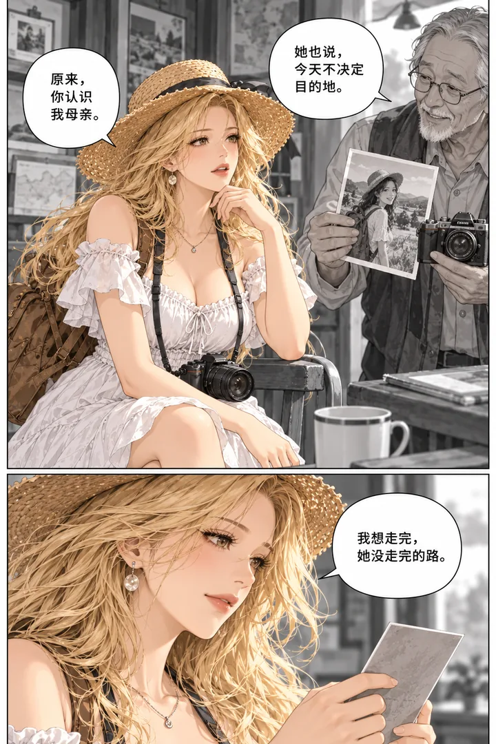 麦田旅人第01话第4页：成年老人拿旧相机走进来、展示女主母亲年轻成年旅行照、女主认真倾听
