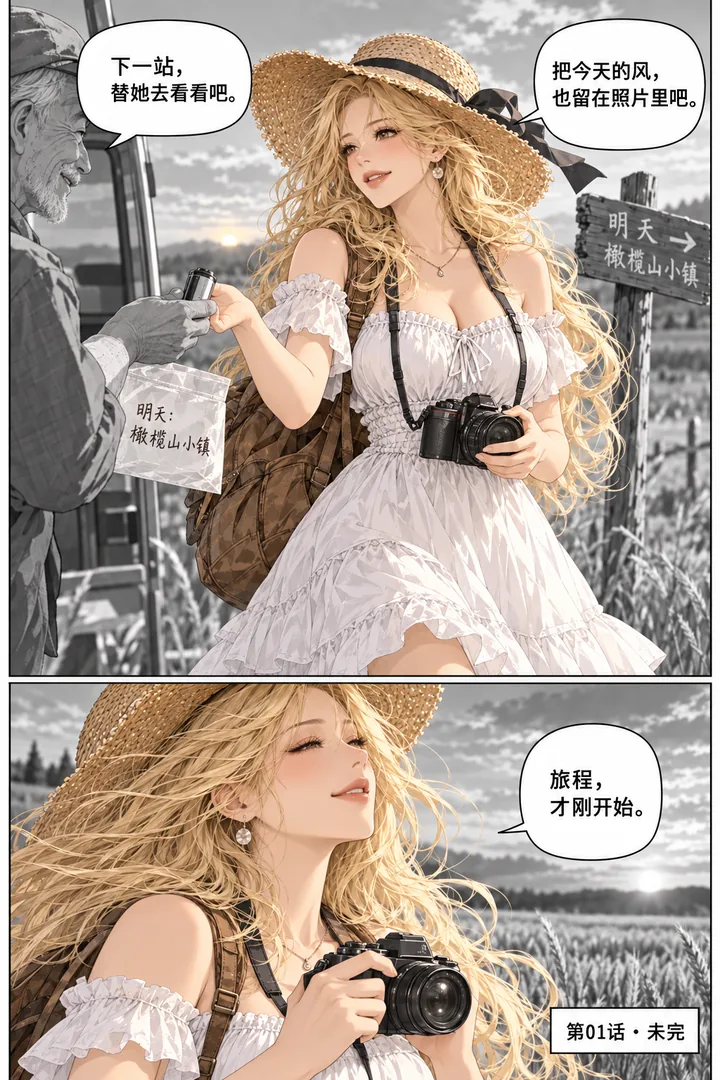 麦田旅人第01话第5页：老人递未洗胶卷、女主迎着晚风拍下麦田、胶卷袋印明天地址