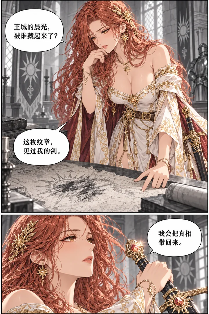 太阳骑士第01话第2页：女骑士看宫廷古地图、被抹掉的太阳纹章、剑柄宝石微亮