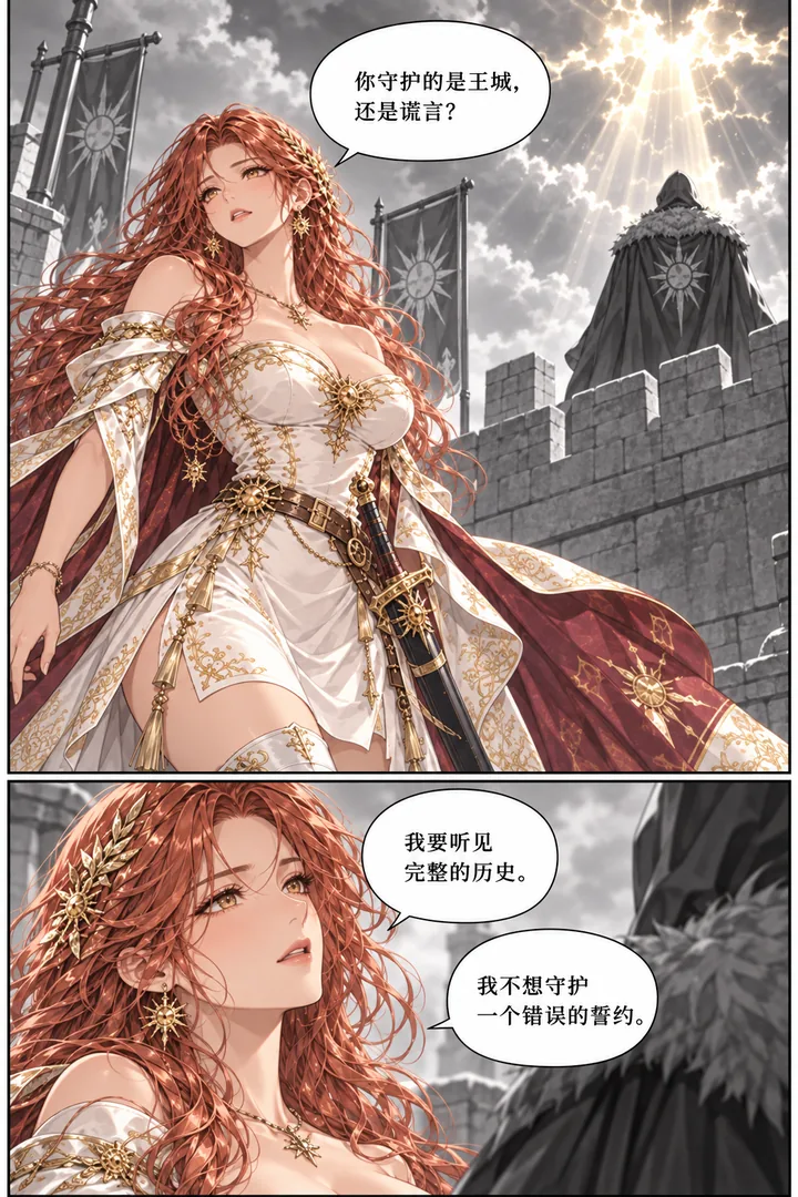 太阳骑士第01话第4页：天空金光裂开、城墙上成年披风人物出现、骑士问真相