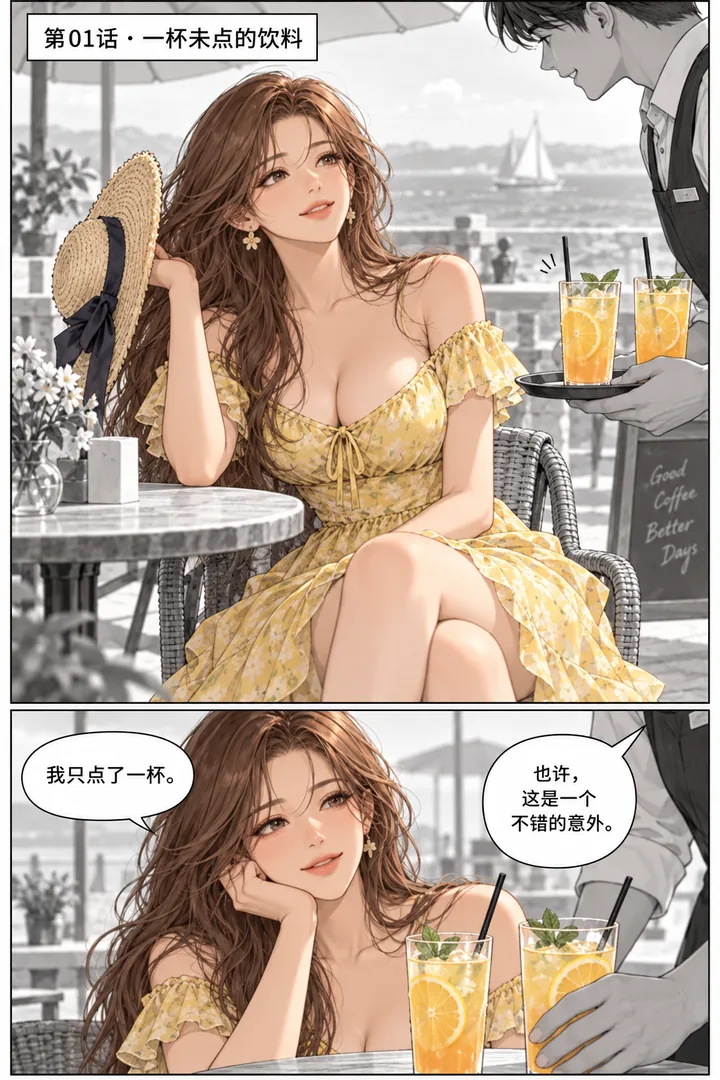 蜂蜜假日第01话第1页：海滨度假咖啡露台晴天、成年女主摘草帽坐下、服务员送两杯果汁