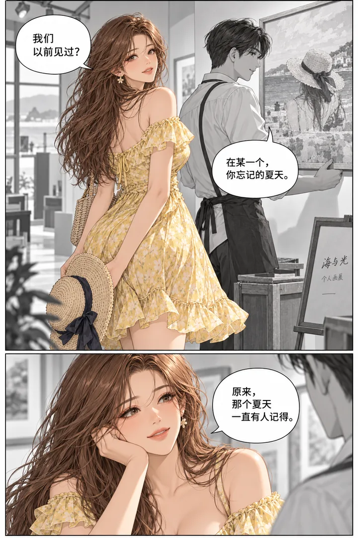 蜂蜜假日第01话第3页：女主沿海边走到画廊、墙上画同款草帽背影、男子正在布展