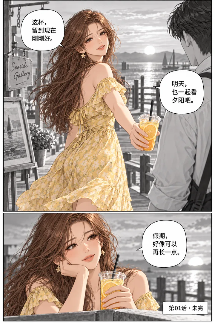 蜂蜜假日第01话第5页：两人走向夕阳码头、女主递第二杯饮料、画廊招牌风中轻晃