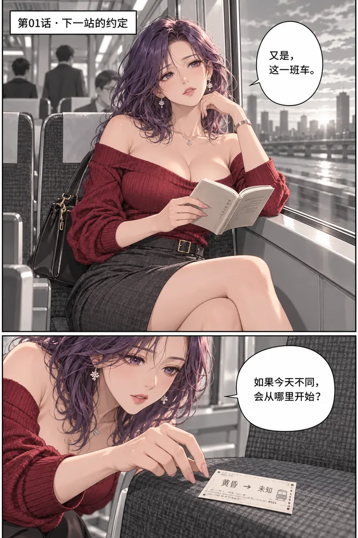 黄昏列车第01话第1页：城市夕阳列车、成年女主靠窗看书、空座位发现一张票