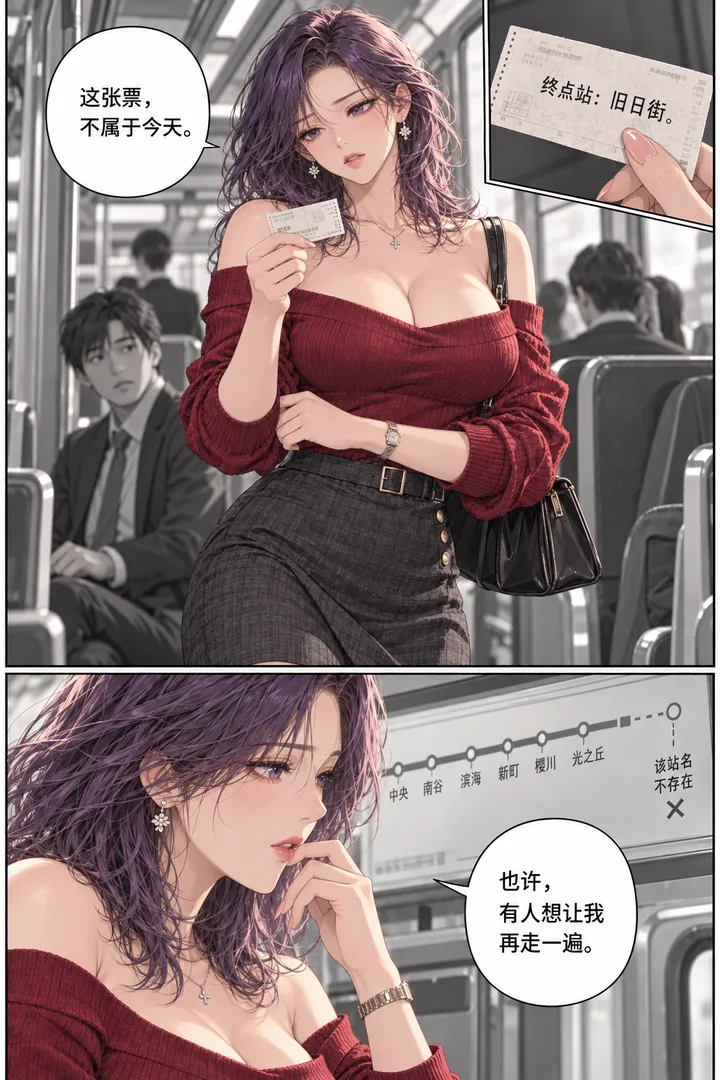 黄昏列车第01话第2页：票背写陌生站名、女主查线路图站名不存在、成年乘客欲言又止