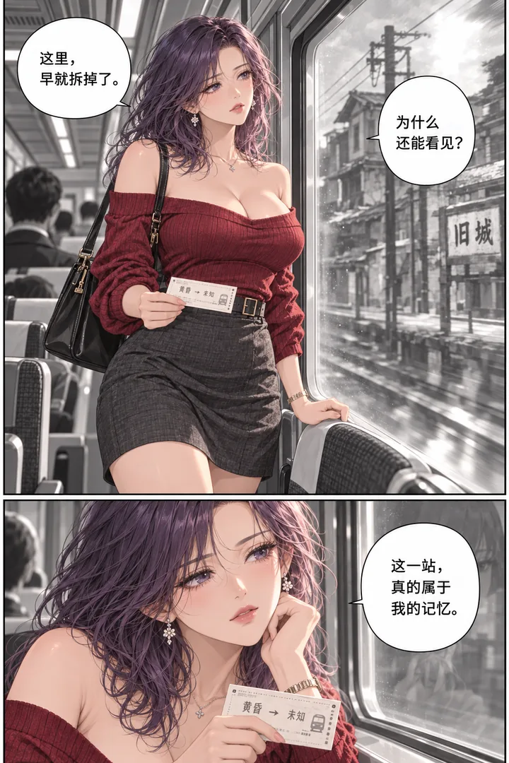 黄昏列车第01话第3页：列车经过隧道、窗外变成旧街景、女主握票站起来