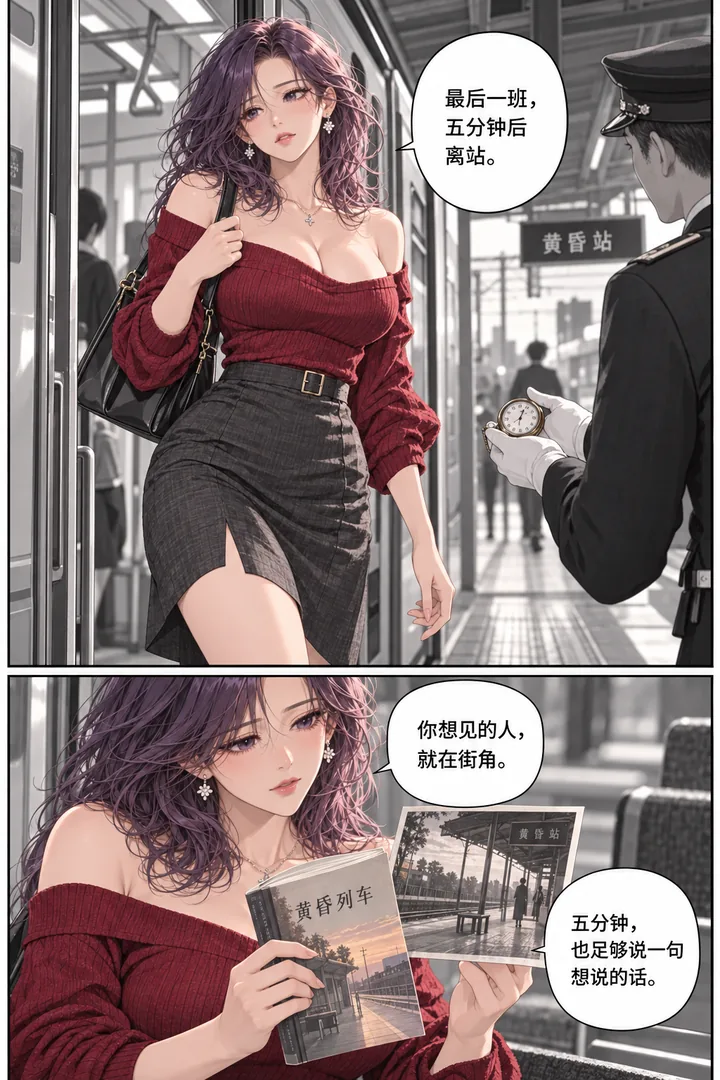 黄昏列车第01话第4页：到站开门女主下车、旧站台相片与她手中书封面同景、成年站员递钟表