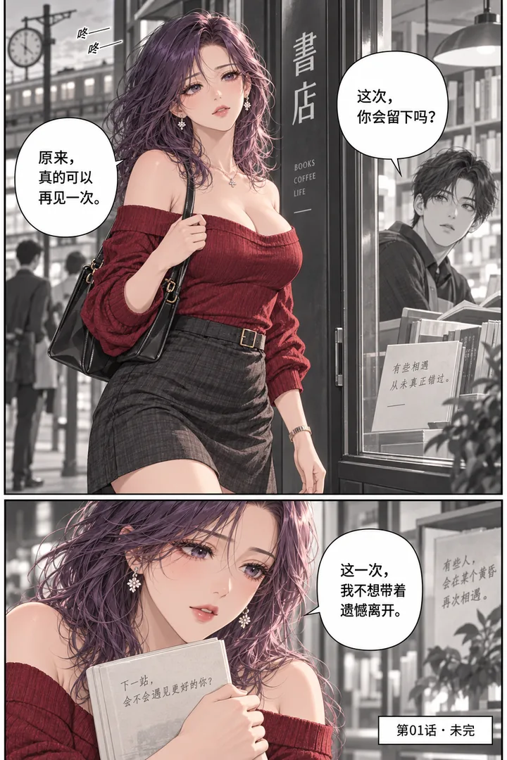 黄昏列车第01话第5页：她走向书店、窗内成年故人抬头、列车钟声从远处传来