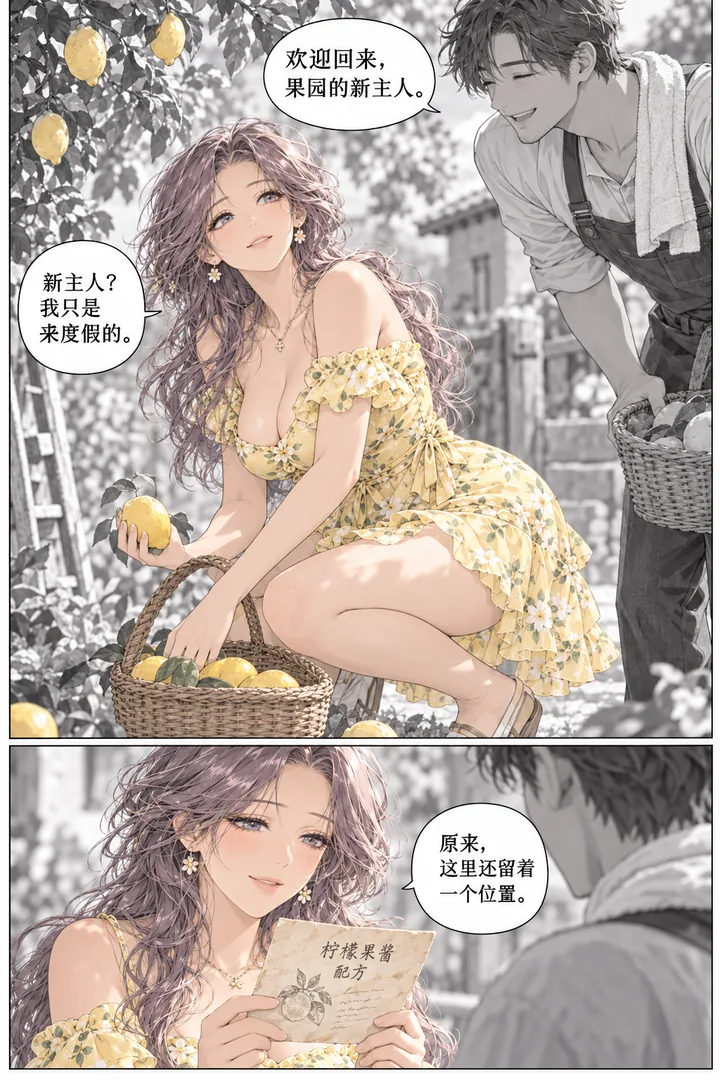 柠檬假日第01话第2页：她捡柠檬、成年邻居拿篮子问候、递一份旧果酱配方
