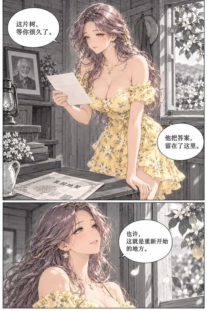 柠檬假日第01话第3页：女主进木屋见祖父留下信、信旁果园地契、窗外柠檬花开